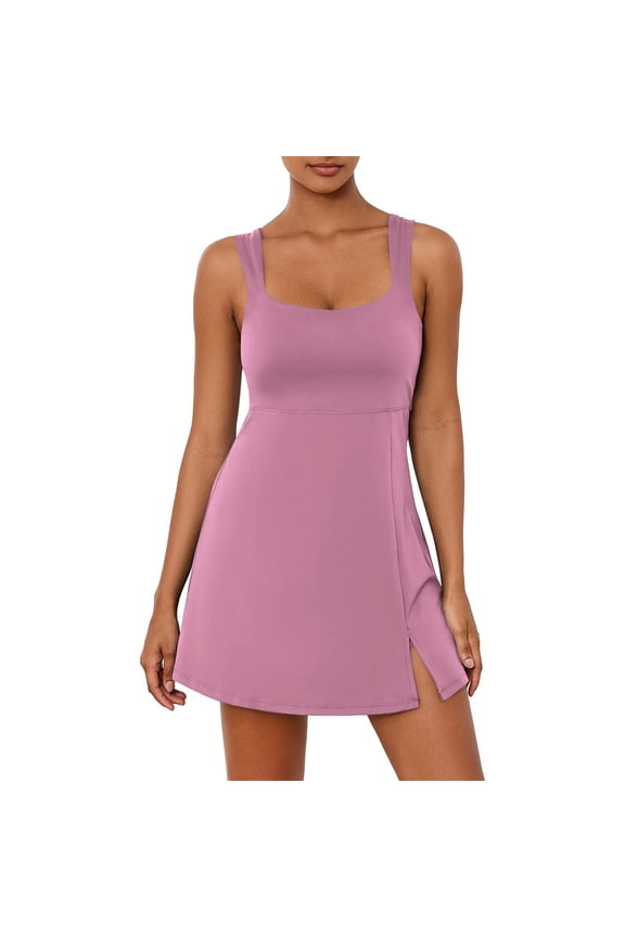 2 Piece Sets for Women Tennis Dress Square Neck Sleeveless Athletic Dress with Built-in Shorts Solid Color Active Dresses for Summer Casual Outfits