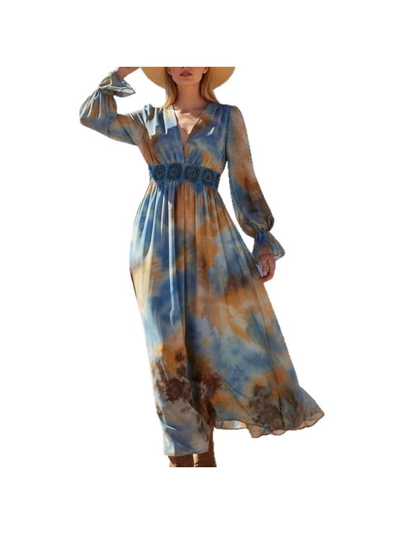 Tie Dye Maxi Dress for Women Deep V Neck Long Balloon Sleeve Crochet Waist Boho Dress