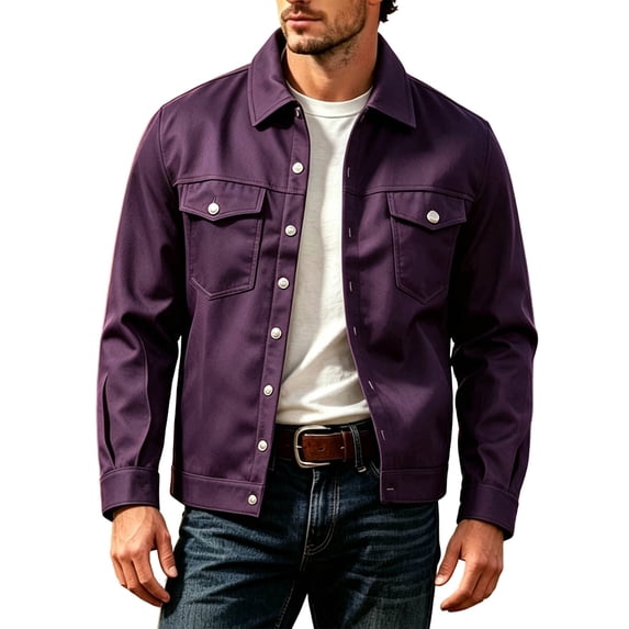 Guluxicc Trucker Jackets for Men Classic Button Down Collared Straight Hem Long Sleeve Solid Casual Jackets with Pockets for Fall Winter