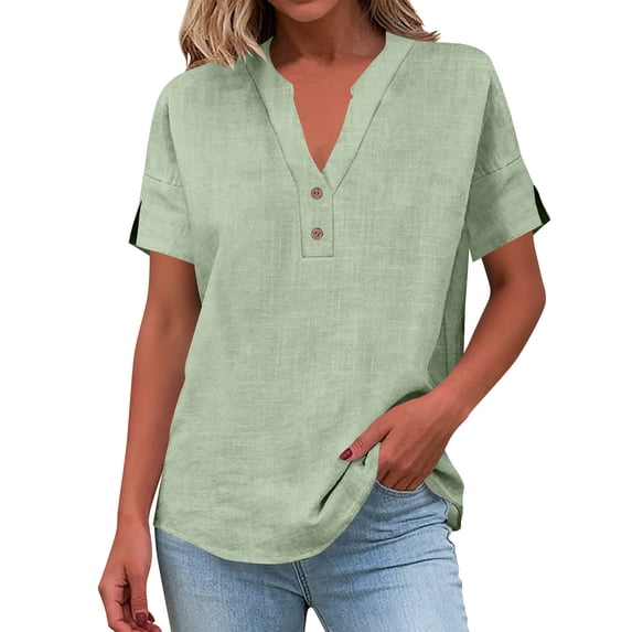 Guluxicc V Neck T Shirts for Women 3/4 Sleeve Solid Color Half Button Loose Fit Casual Comfy Linen Tee Shirts