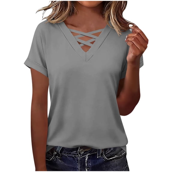 Guluxicc V Neck T Shirts for Women Short Sleeve Criss Cross Hollow Out Solid Color Tops Summer Casual Womens Shirts