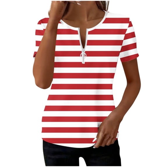 Guluxicc V Neck T Shirts for Women Short Sleeve Stripe Printed Half Zipper Cozy Fit Tops Spring Summer Womens Shirts