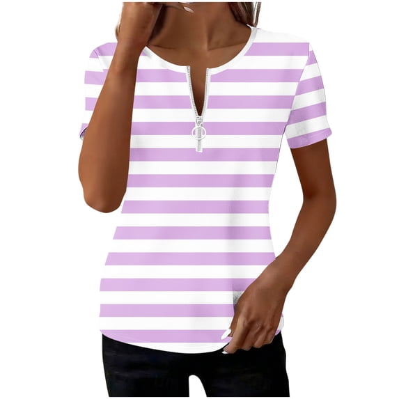 Guluxicc V Neck T Shirts for Women Short Sleeve Stripe Printed Half Zipper Cozy Fit Tops Spring Summer Womens Shirts