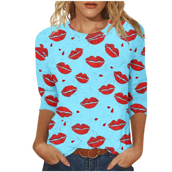 Guluxicc Valentine's Day Shirts for Women Casual Crewneck 3/4 Length Sleeve T Shirts Fashion Cute Graphic Print Pullover Tops, Blue, L