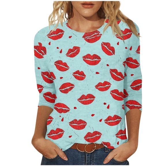 Guluxicc Valentine's Day Shirts for Women Casual Crewneck 3/4 Length Sleeve T Shirts Fashion Cute Graphic Print Pullover Tops, Blue, M