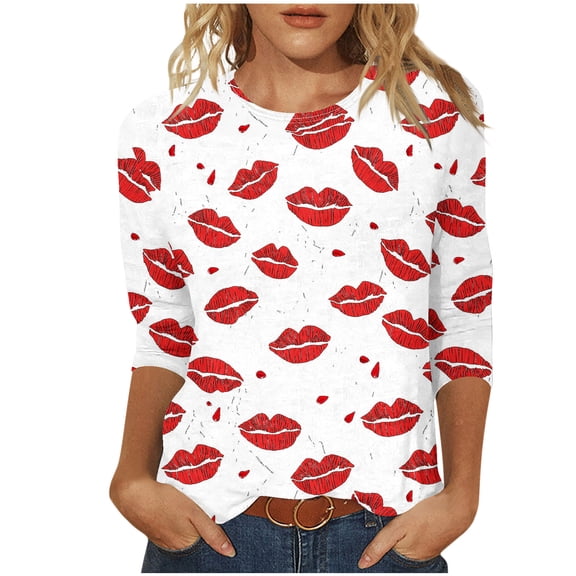 Guluxicc Valentine's Day Shirts for Women Casual Crewneck 3/4 Length Sleeve T Shirts Fashion Cute Graphic Print Pullover Tops, White, S