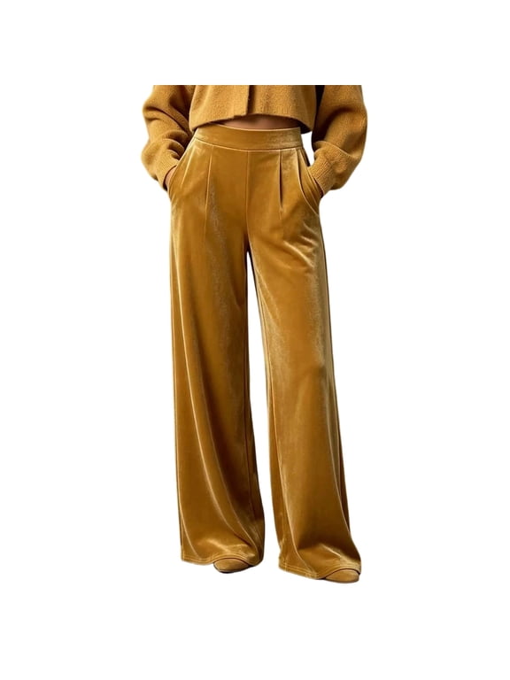 Velour Dressy Pants for Women Pull On Elastic Waist Wide Leg Solid Casual Pants for Everyday Fall Winter