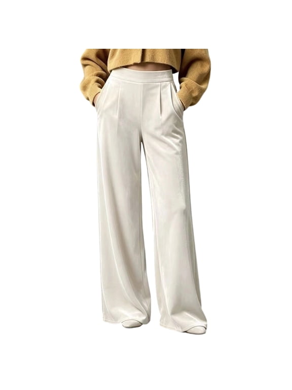 Velour Dressy Pants for Women Pull On Elastic Waist Wide Leg Solid Casual Pants for Everyday Fall Winter
