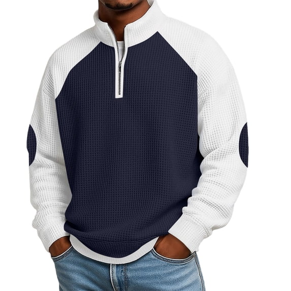 Guluxicc Waffle Knit Shirts for Men Quarter Zip Mock Neck Color Block Shirts Long Sleeve Everyday Wear Casual Outfit