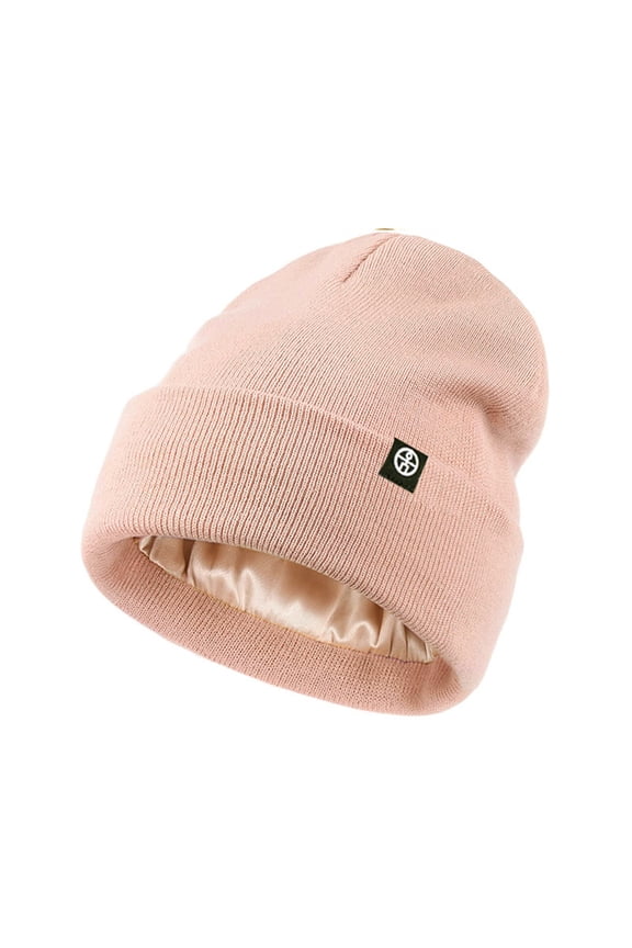Winter Knit Beanie for Women Soft Silk Lined Hats with Ear Flaps, Pink