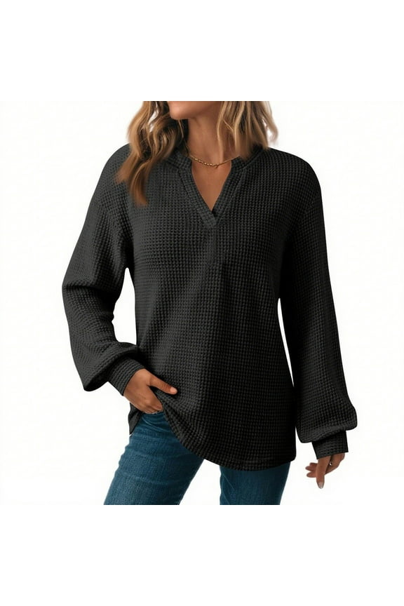 Woemns Waffle Knit Shirts Casual V-Neck Long Sleeve T-Shirts Loose Fit Warm Soft Pullover Tops