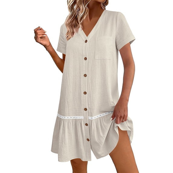 Guluxicc Women Button Down Dress Loose Summer Cotton Linen Dress Ruffle Hem Casual Dress Short Sleeve Tunic Dress