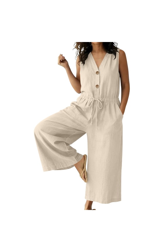 Women Cotton Linen Plus Size Jumpsuit Dressy Summer Rompers Casual Wide Leg Pants Sleeveless V Neck Elegant One Piece Outfit