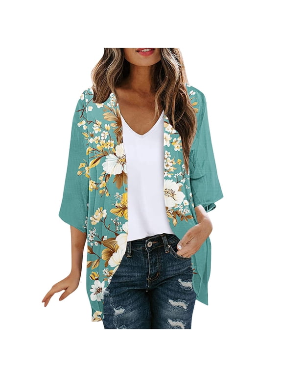 Women Floral Kimono Cardigan Open Front Lightweight Boho Beach Cover Up Casual Loose Summer Vacation Cardigans