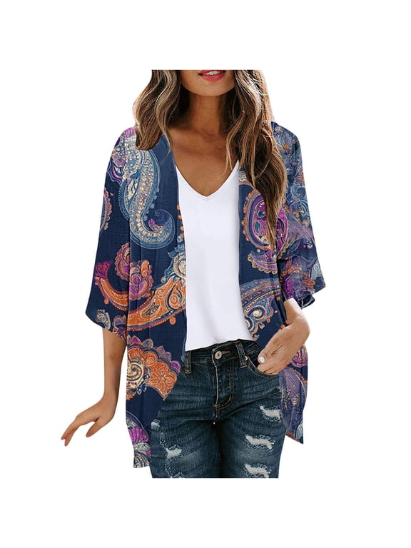 Women Floral Kimono Cardigan Open Front Lightweight Boho Beach Cover Up Casual Loose Summer Vacation Cardigans