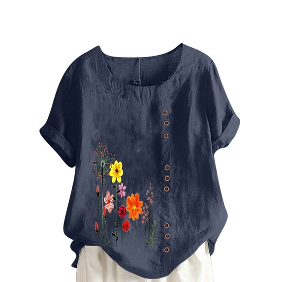 Guluxicc Women Floral Print Linen Shirts Short Sleeve Gauze Tops Loose Fit Cotton Blouses Trendy Outfits Clothing