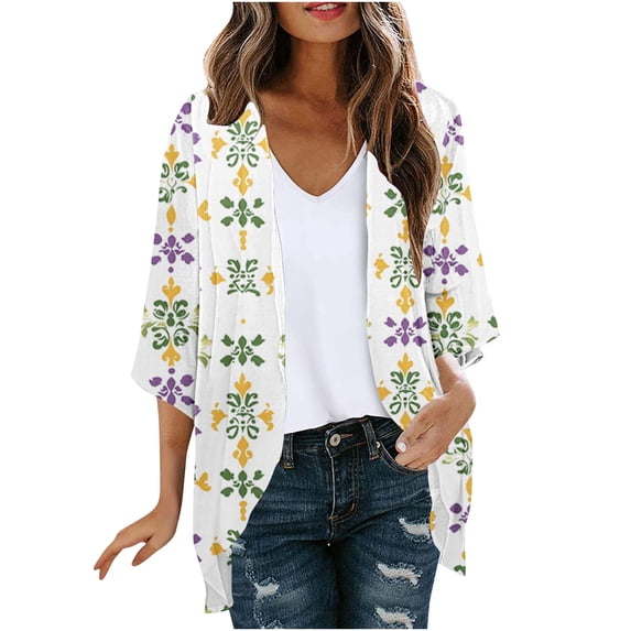 Guluxicc Women Graphic Kimono Cardigan Open Front Lightweight Boho Beach Cover Up Casual Loose Summer Vacation Cardigans