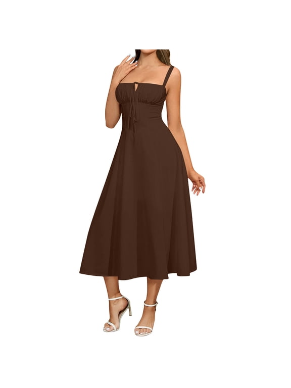 Women Summer Corset Midi Dress Trendy Floral Wedding Guest Flowy Slit Lace Up Dresses Tea Party A Line Casual Milkmaid Sundress