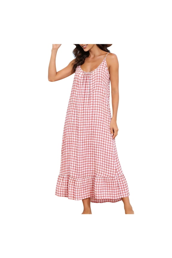 Women Summer Dresses Gingham Spaghetti Strap Scoop Neck Smocked Ruffle Flowy Boho Maxi Dress