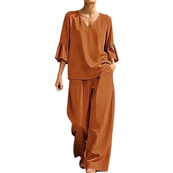 Guluxicc Women's 2-Piece Outfit Sets V-Neck 3/4 Sleeve Blouse and Wide Leg Pants Casual Loungewear Suit