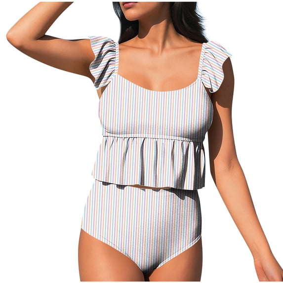Guluxicc Women's 2 Piece Swimsuit Sets Square Neck Ruffle Cap Sleeve Solid Color Ruched Waist Padded Summer Beach Swimwear Bathing Suit