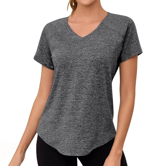 Guluxicc Women's Athletic T-Shirts Casual Solid Color V-Neck Short Sleeve Tees Pullover Tops, Black, L