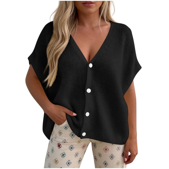 Guluxicc Women's Batwing Oversized Cardigans Shirts V Neck Short Sleeve Button Knit Lightweight Breathable Loose Fit Casual Basic Daily Office Solid Sweater Spring Tops