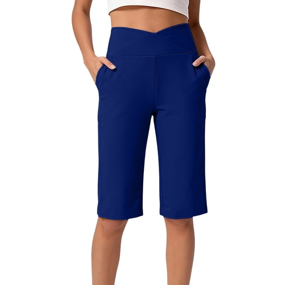 Guluxicc Women's Bermuda Yoga Shorts Stretchy with Elastic Waist and Side Pockets for Yoga Gym and Daily Wear Running Athletic Shorts