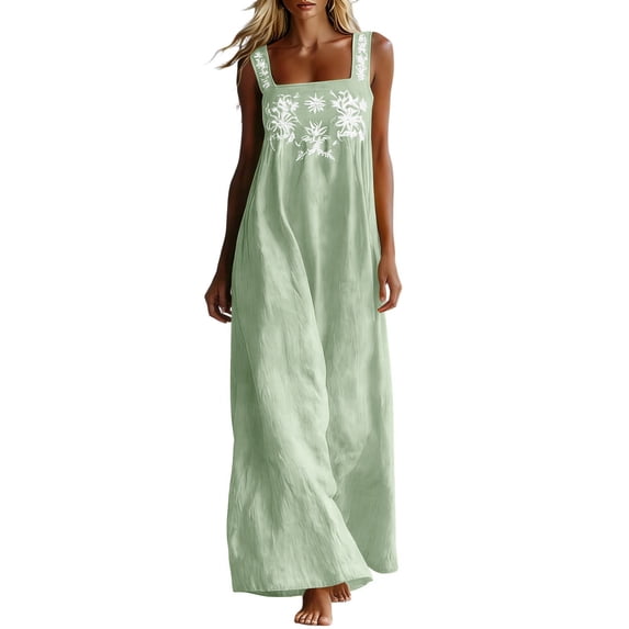 Guluxicc Women's Boho Embroidered Jumpsuit Wide Strap Sleeveless Wide Leg Long Jumpsuit with Pockets for Summer Vacation