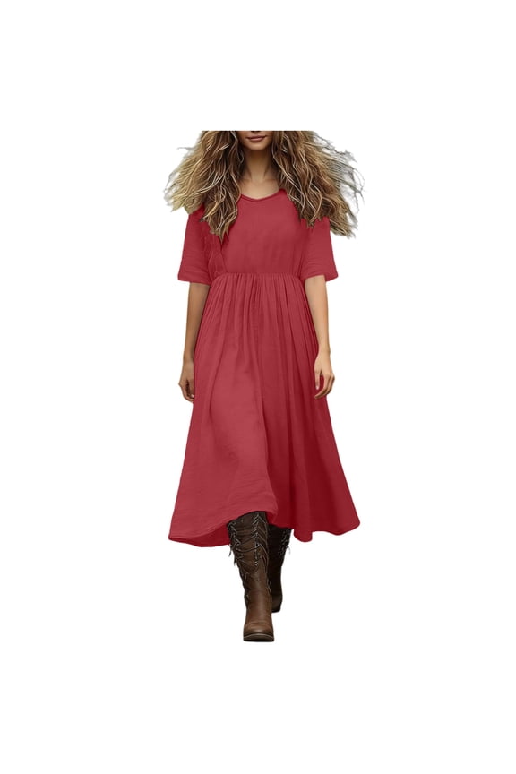 Women's Boho Midi Dress Round Neck Short Sleeve Cottagecore Flowy Casual Dress Cotton Linen Trendy Wear