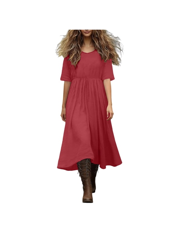 Women's Boho Midi Dress Round Neck Short Sleeve Cottagecore Flowy Casual Dress Cotton Linen Trendy Wear