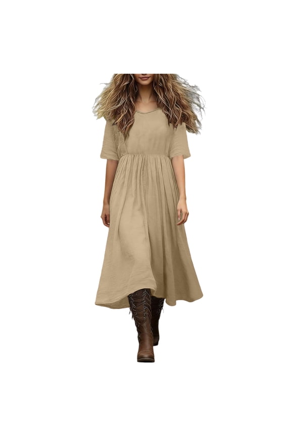 Women's Boho Midi Dress Round Neck Short Sleeve Cottagecore Flowy Casual Dress Cotton Linen Trendy Wear