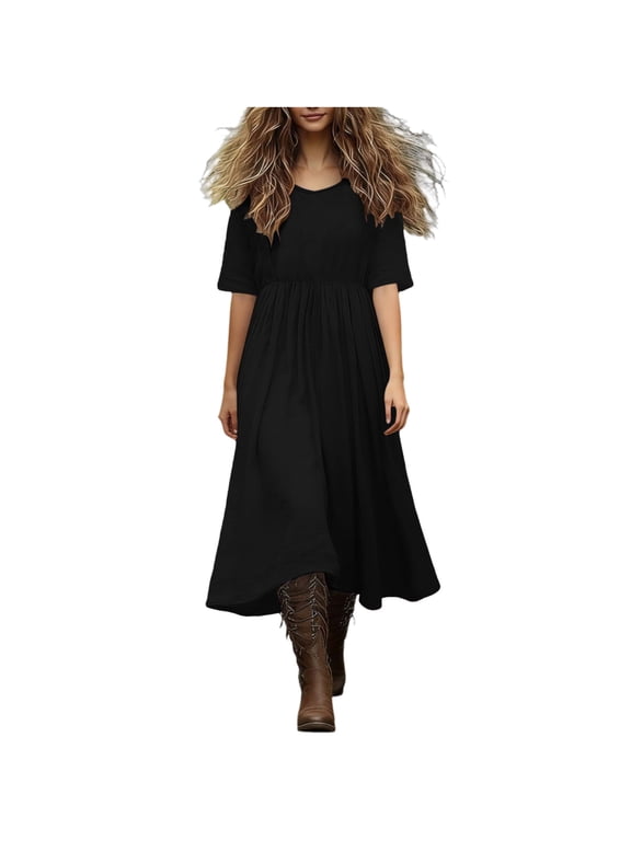 Women's Boho Midi Dress Round Neck Short Sleeve Cottagecore Flowy Casual Dress Cotton Linen Trendy Wear
