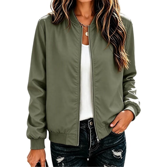 Guluxicc Women's Bomber Jackets Full Zipper Ribbed Cuffs Hem Long Sleeve Casual Jackets for Everyday Fall Winter