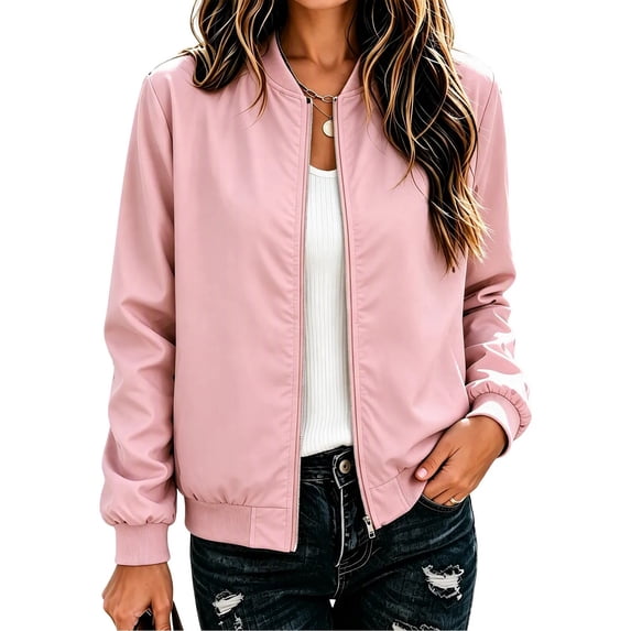 Guluxicc Women's Bomber Jackets Full Zipper Ribbed Cuffs Hem Long Sleeve Casual Jackets for Everyday Fall Winter
