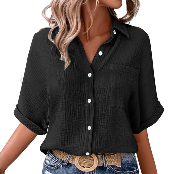 Guluxicc Women's Button Down Shirts Casual Solid Color Tops with Pocket, Black, L