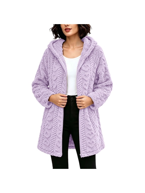 Women's Cable Knit Hooded Coat Warm Fuzzy Texture Full Zipper Long Sleeve Lounge Jacket for Evening Fall Winter