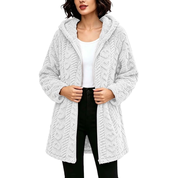 Guluxicc Women's Cable Knit Hooded Coat Warm Fuzzy Texture Full Zipper Long Sleeve Lounge Jacket for Evening Fall Winter