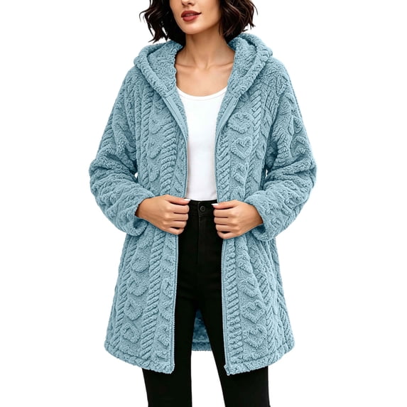 Guluxicc Women's Cable Knit Hooded Coat Warm Fuzzy Texture Full Zipper Long Sleeve Lounge Jacket for Evening Fall Winter