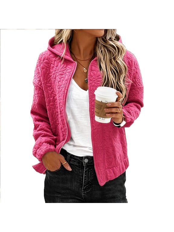 Women's Cable Knit Hooded Jackets Full Zipper Long Sleeve Floral Textured Jackets with Pockets for Everyday Fall Winter