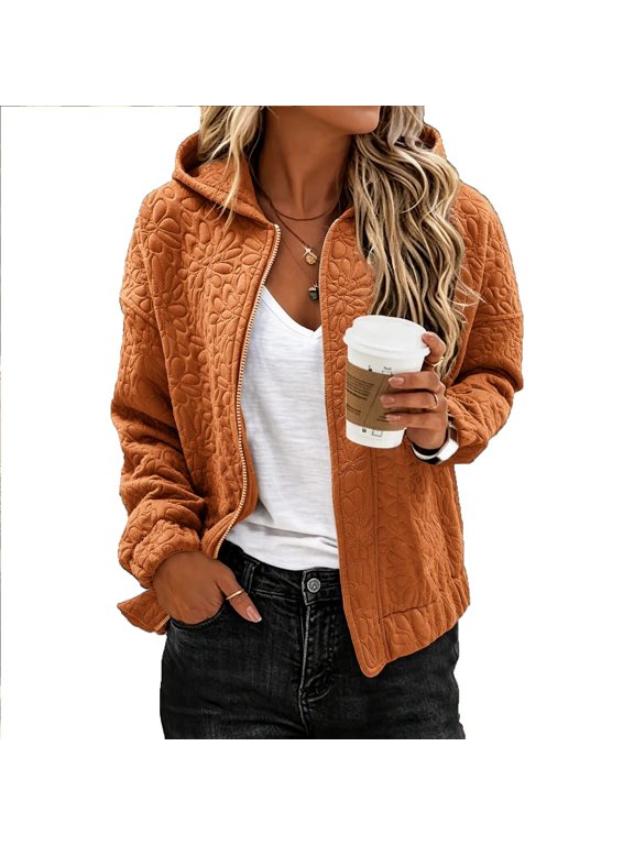 Women's Cable Knit Hooded Jackets Full Zipper Long Sleeve Floral Textured Jackets with Pockets for Everyday Fall Winter