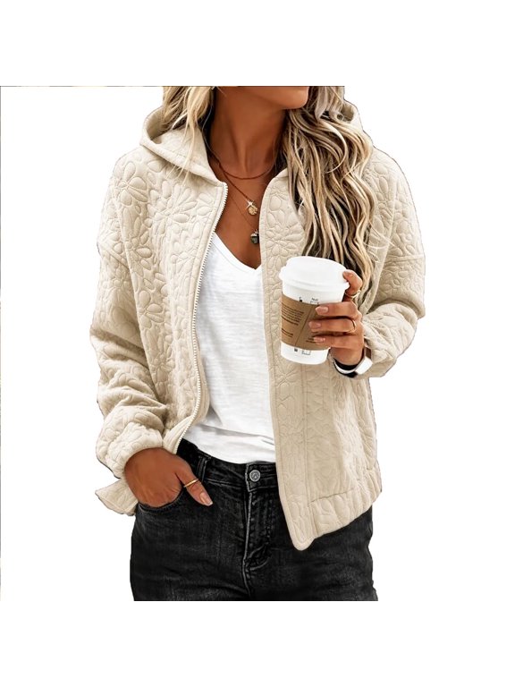 Women's Cable Knit Hooded Jackets Full Zipper Long Sleeve Floral Textured Jackets with Pockets for Everyday Fall Winter