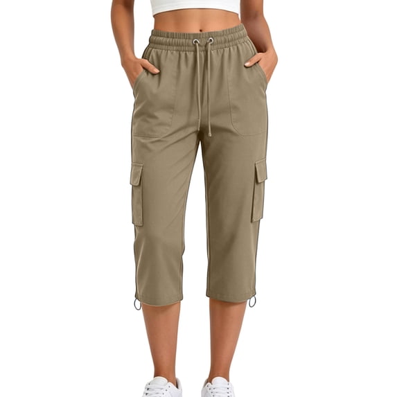 Guluxicc Women's Cargo Pants with Multi Pocket Elastic Waist Drawstring Cropped Trousers for Everyday Summer Fall
