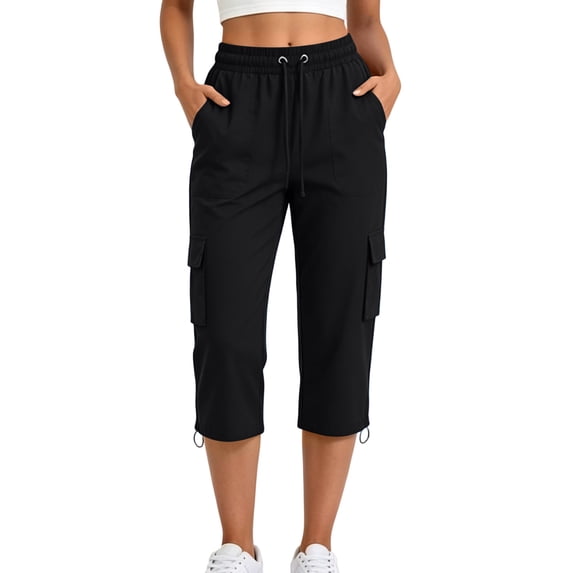 Guluxicc Women's Cargo Pants with Multi Pocket Elastic Waist Drawstring Cropped Trousers for Everyday Summer Fall