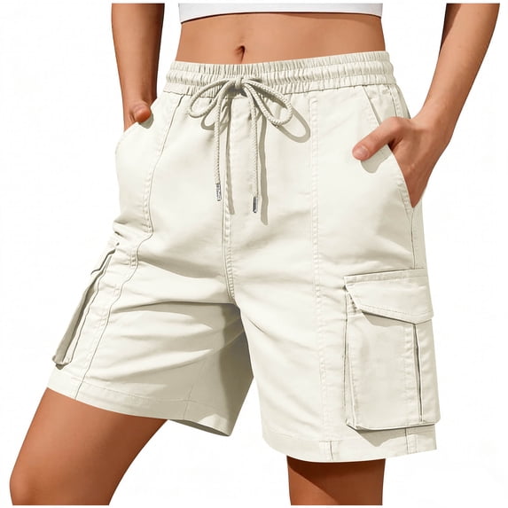Guluxicc Women's Cargo Shorts with Multi Pocket Elastic Waist Drawstring Straight Leg Short Trousers Summer Casual Outfits for Everyday Wear