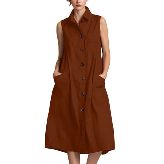 Guluxicc Women's Collared Sleeveless Shirt Dress Button Down Midi Dress with Pockets for Outdoor Business