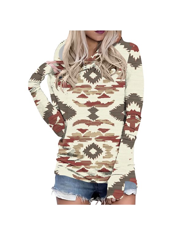 Women's Color Block Print Aztec Hoodie Pullover Tops Western Hooded Sweatshirt for Fall Winter