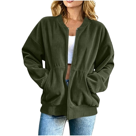Guluxicc Women's Corduroy Jackets with Pockets Loose Full Zipper Long Sleeve Bomber Jackets for Everyday Wear Fall Winter Casual Outfits