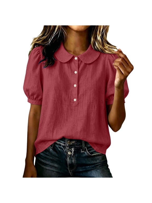 Women's Cotton Blouses Henley Button Closure Collared Short Bubble Sleeve Tops for Everyday Wear Summer Fall Casual Blouses