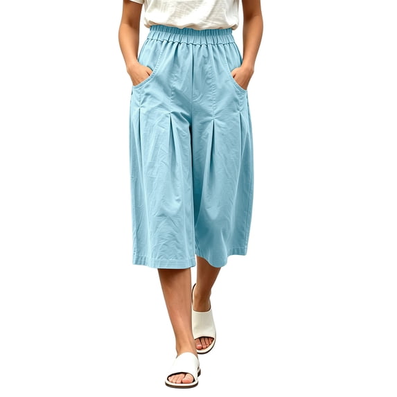 Guluxicc Women's Cotton Cropped Pants with Pockets Elastic Waist Wide Leg Capris for Everyday Wear Summer Casual Outfits